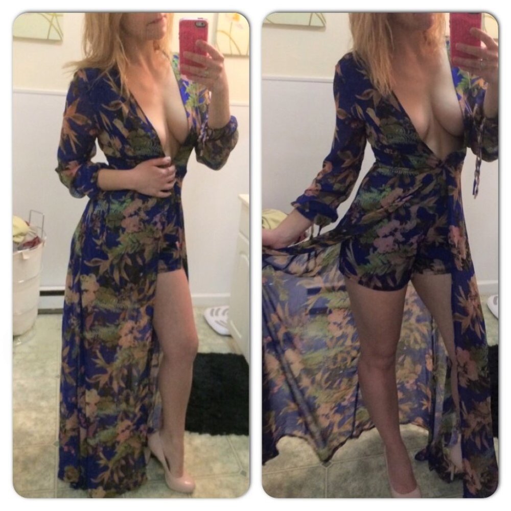 Luxxel Blue Floral Romper Maxi Dress- Size M NWT